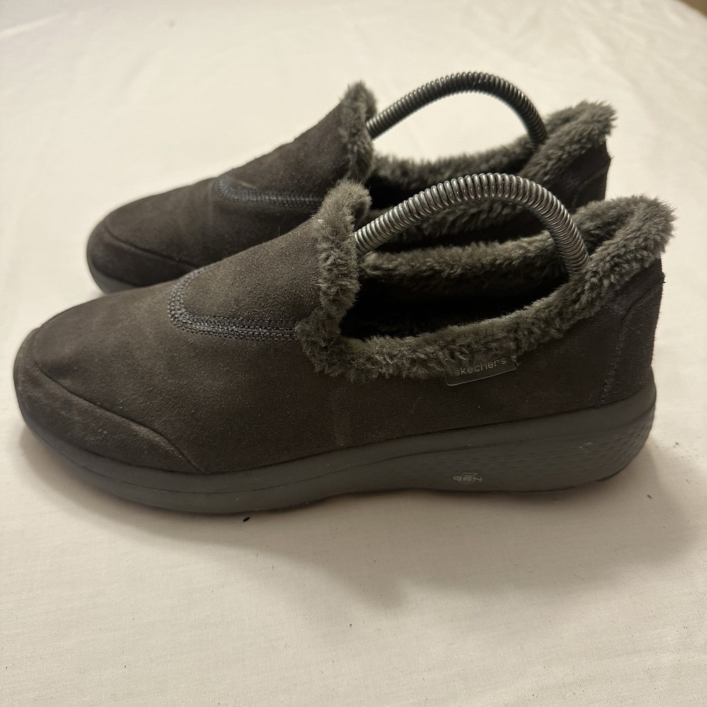 Skechers Goga Mat Womens Sz 9.5 Suede Faux Fur Lined Slip-On Charcoal 14634W